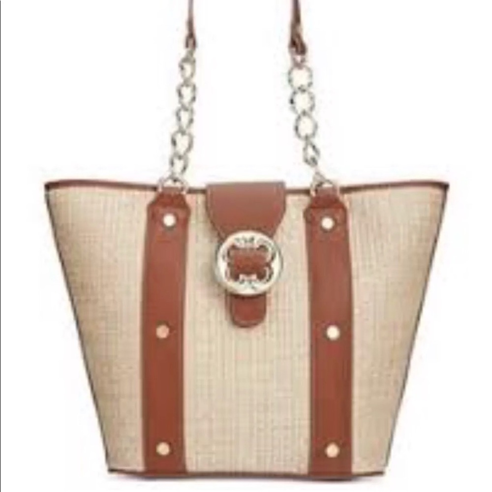 Emma Fox Straw & Leather Large Tote Bag